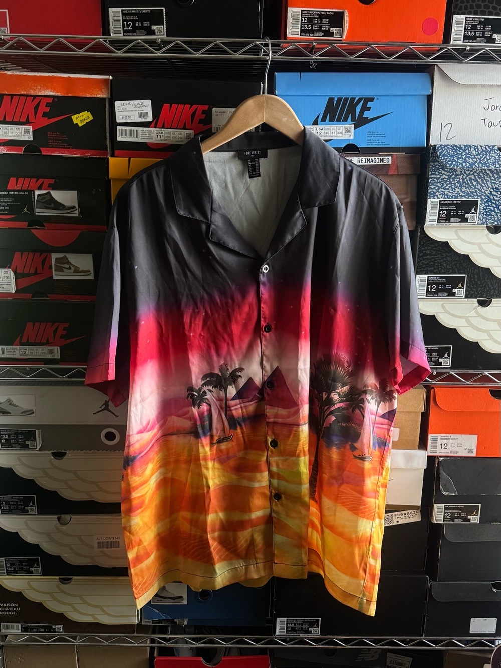 Tropical Sunset Short-Sleeve Button-Down Shirt - Black/Red/Orange/Yellow